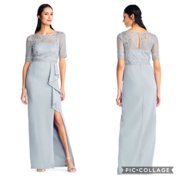 Adrianna Papell elbow length illusion sleeves beaded bodice gown - Picture 2 of 13